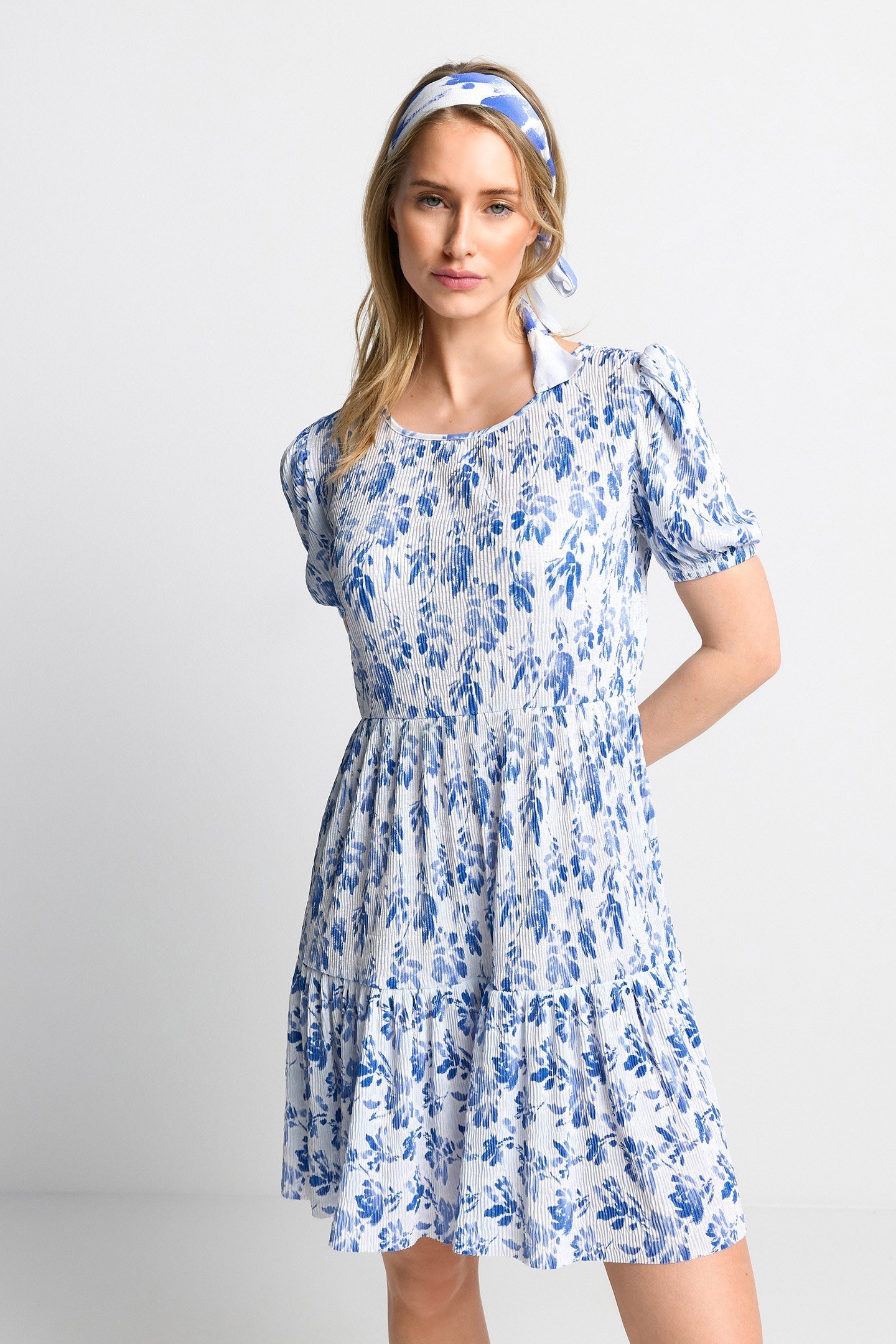 PRINTED CRINKLE DRESS RECYCLED COTTON BLUE 1