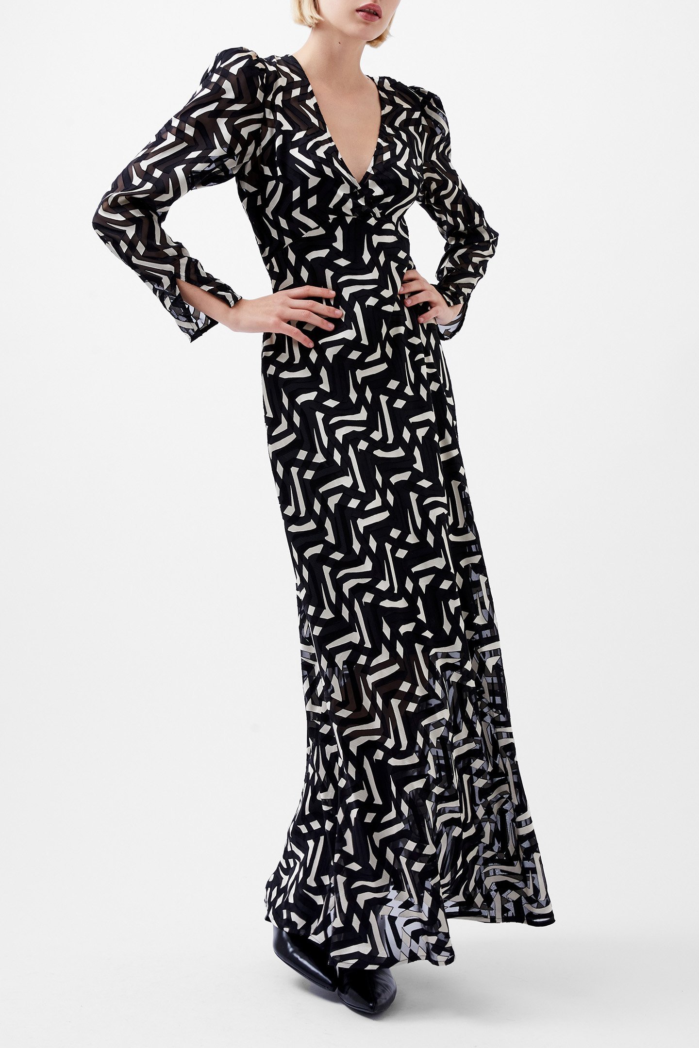 DIANDRA SATIN BURNOUT DRESS BLACK/CREAM 1