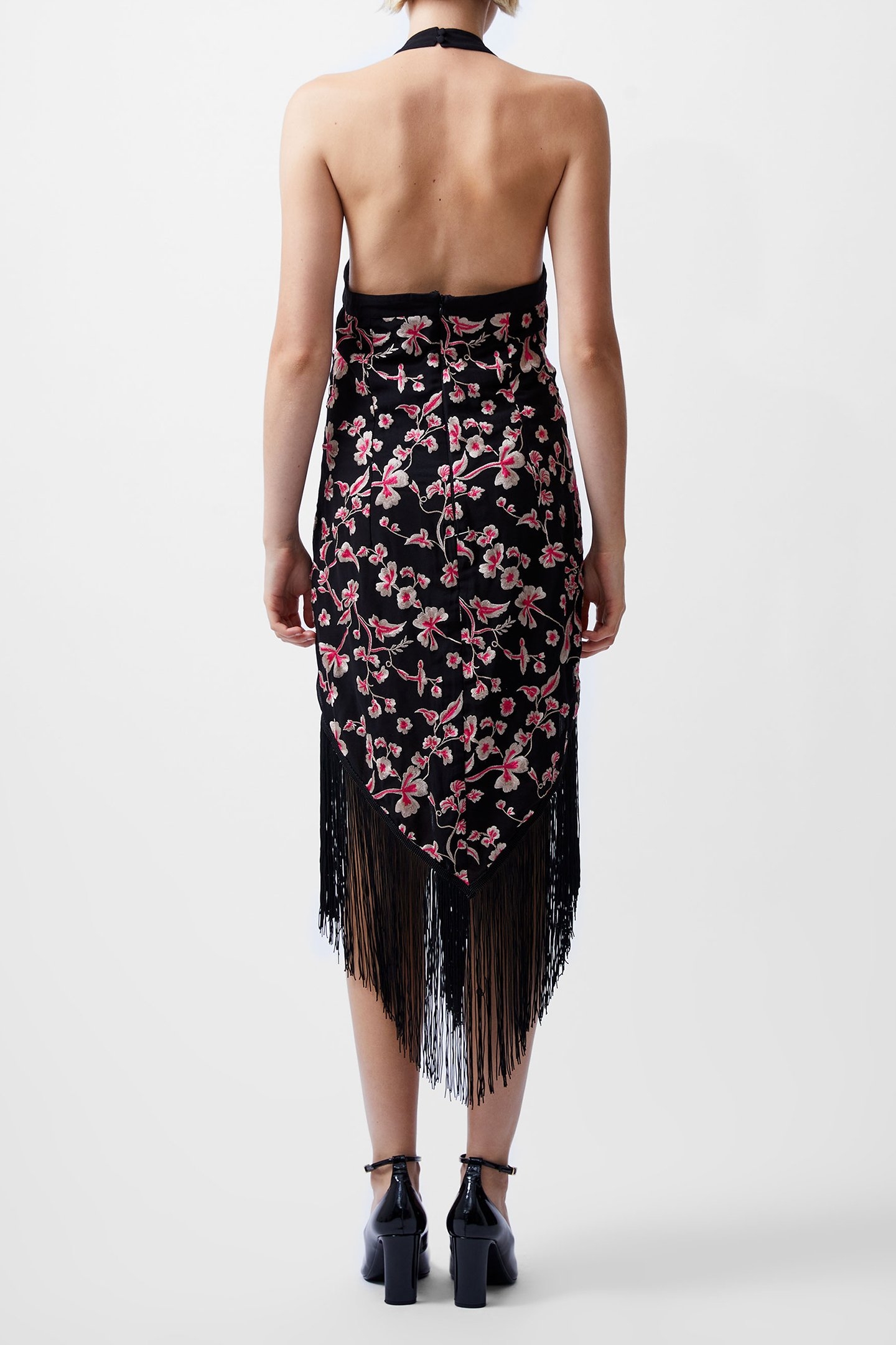 BRYONY EMB HALTER NK DRESS BLACKOUT/PINK MULTI 2