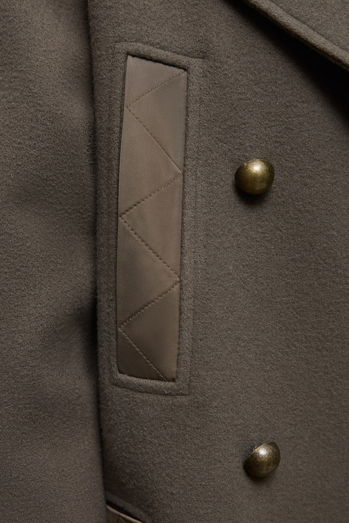 LONG KHAKI PEA COAT WITH STITCHED NYLON DETAILS 7