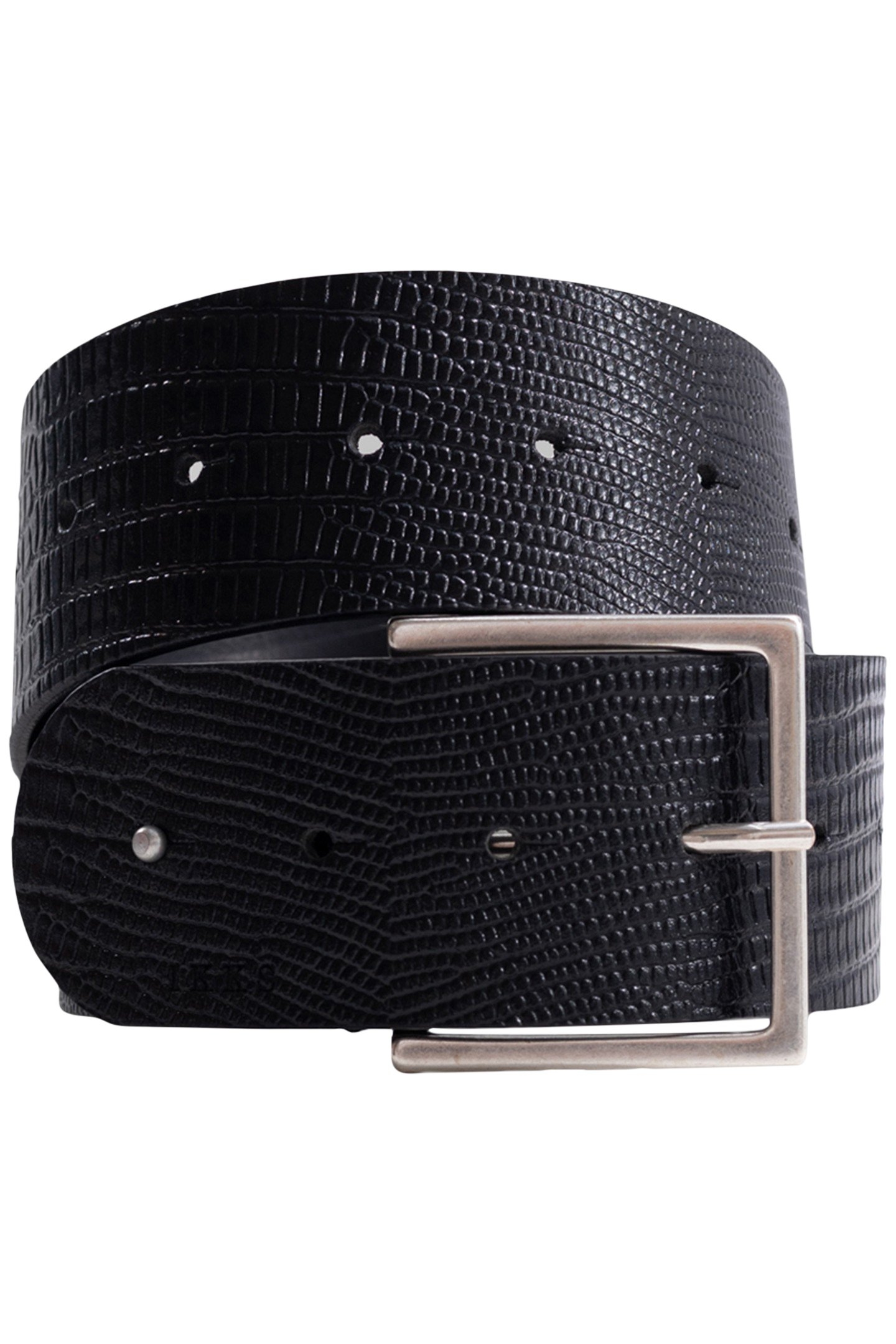 PYTHON-EFFECT EMBOSSED LEATHER BLACK DRESS BELT 1
