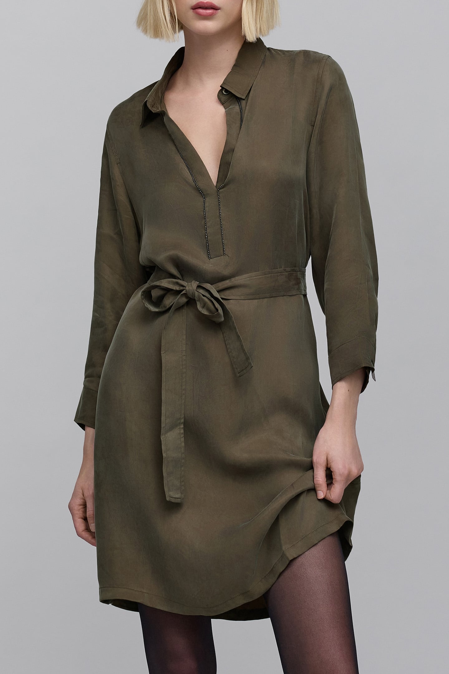 KHAKI MIDI SHIRT DRESS WITH JEWELS 1