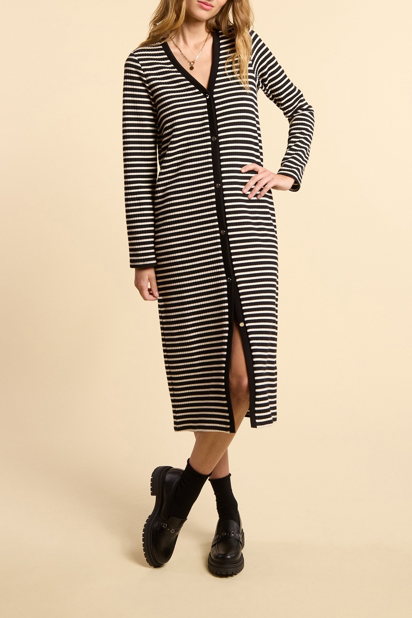 BLACK BUTTONED SAILOR-STRIPE LONG DRESS 1