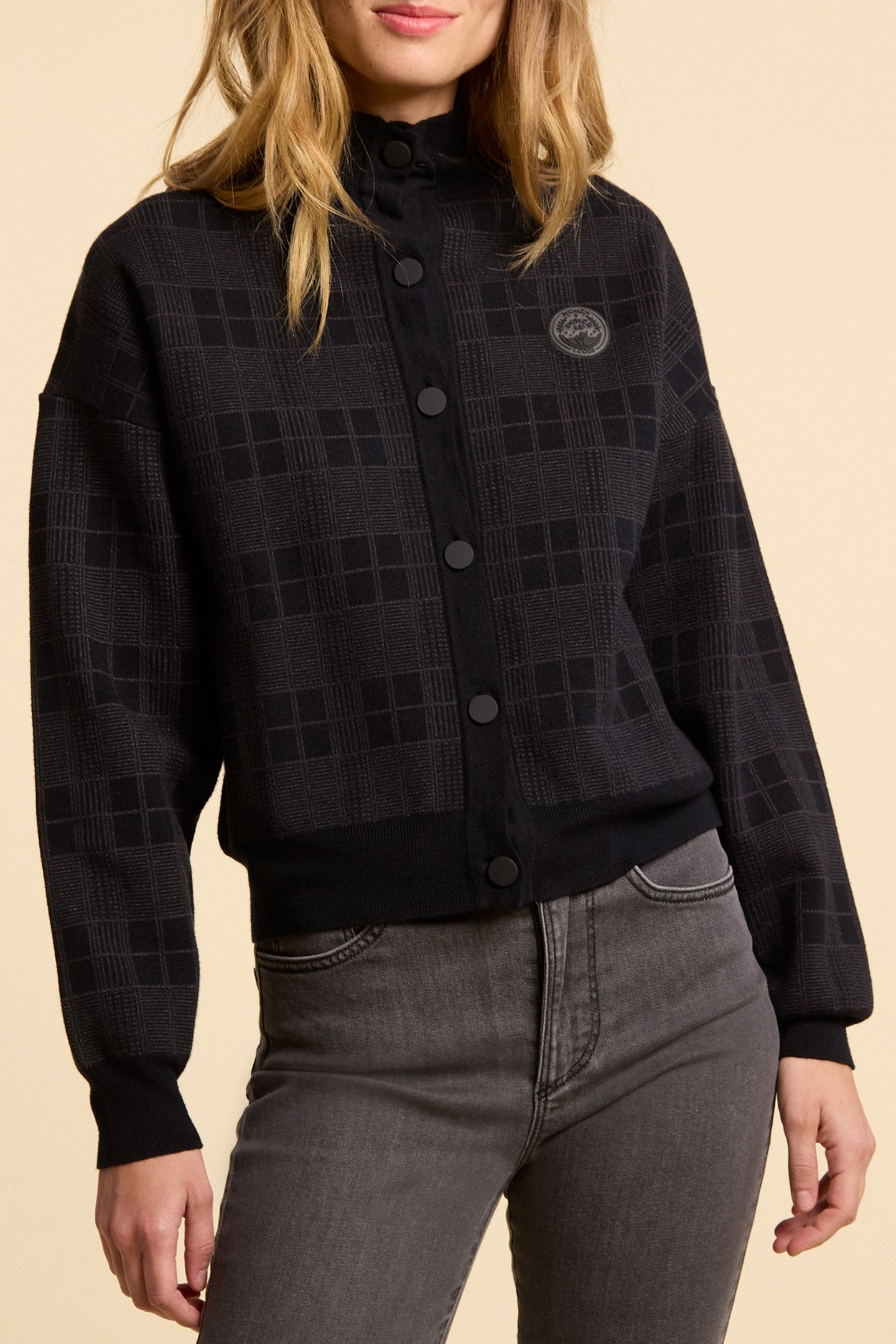 BLACK KNIT CARDIGAN WITH CHECK JACQUARD MOTIF 5