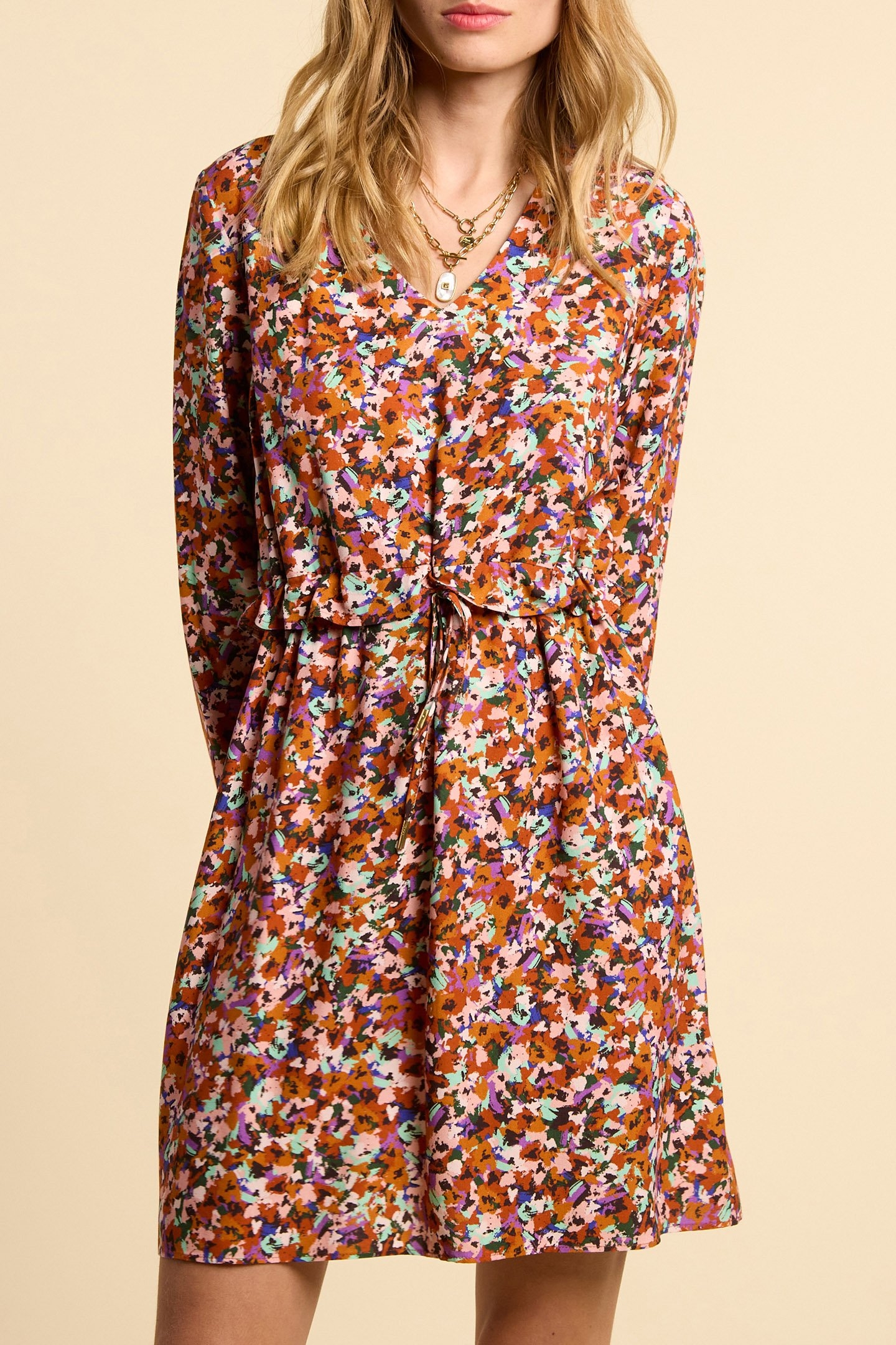 CAMEL DRESS WITH MULTICOLOUR TACHIST PRINT 1