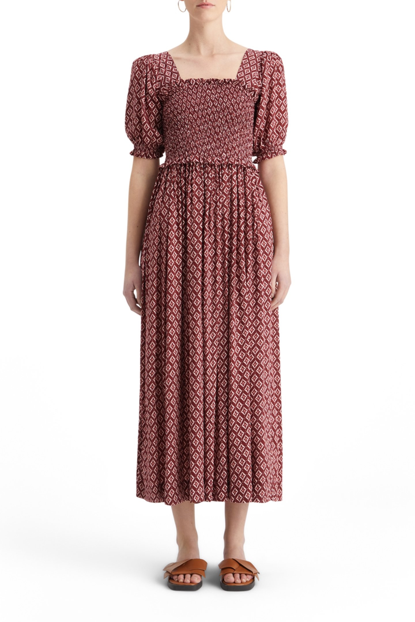 MAXI DRESS WITH SMOCK GEO FLOWER BORDEAUX 1