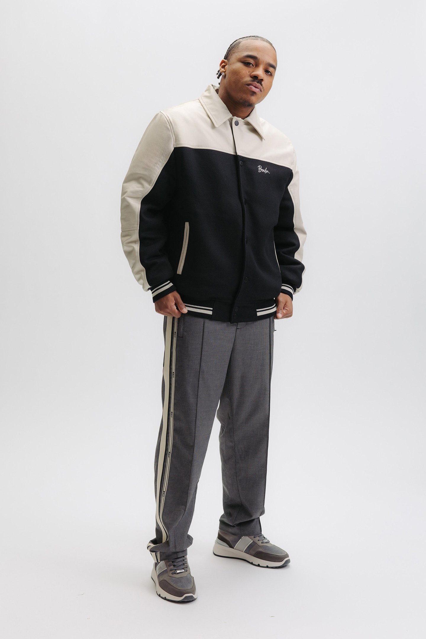 PHIL LEATHER BOMBER JACKET EGRET/JET BLACK 6