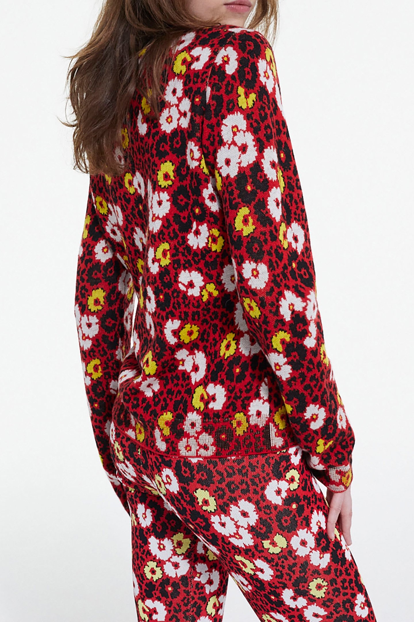 ROUND NECK SWEATER IN FLORAL JACQUARD DARK RED 2