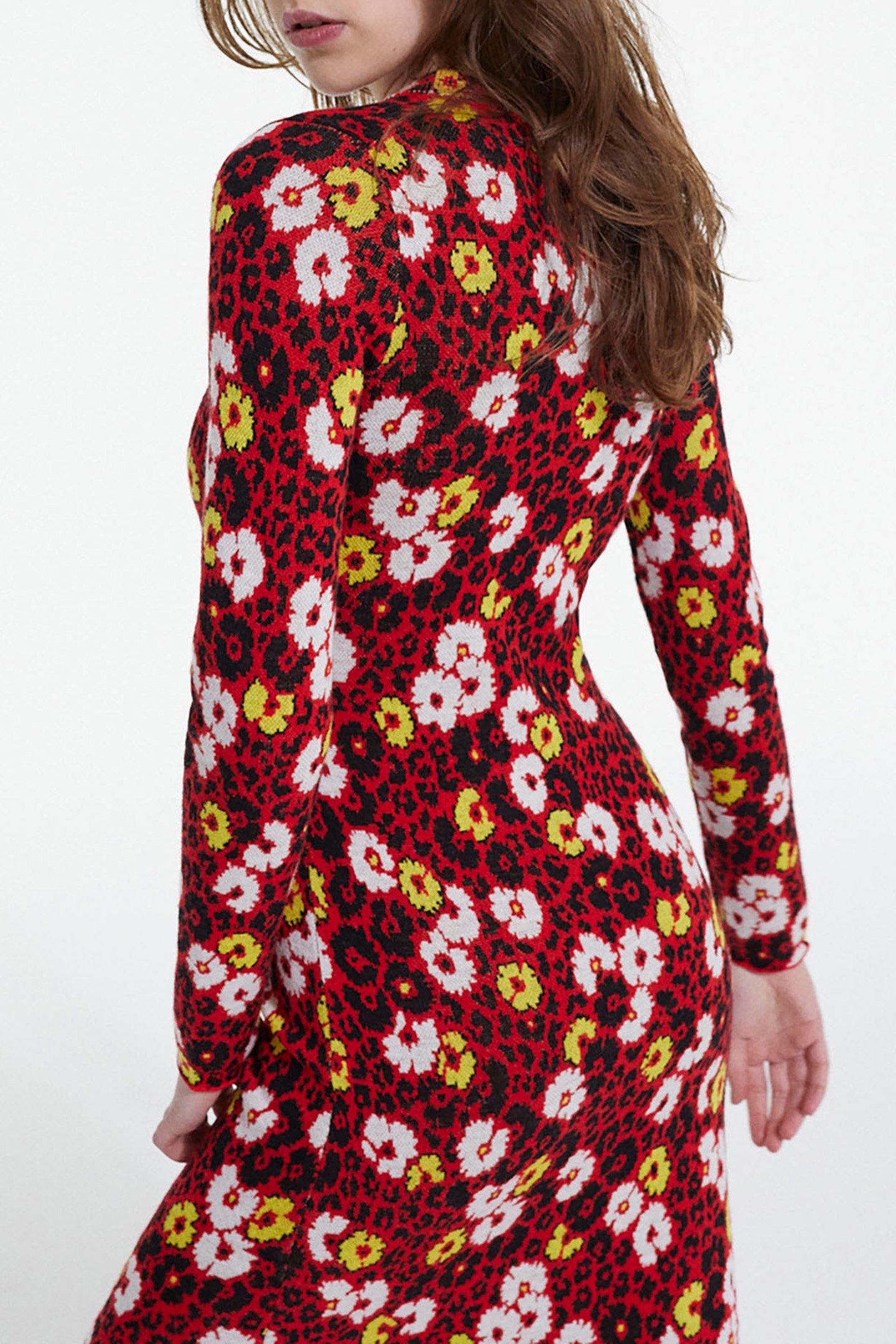 LONG WOOL DRESS IN FLORAL JACQUARD DARK RED 6