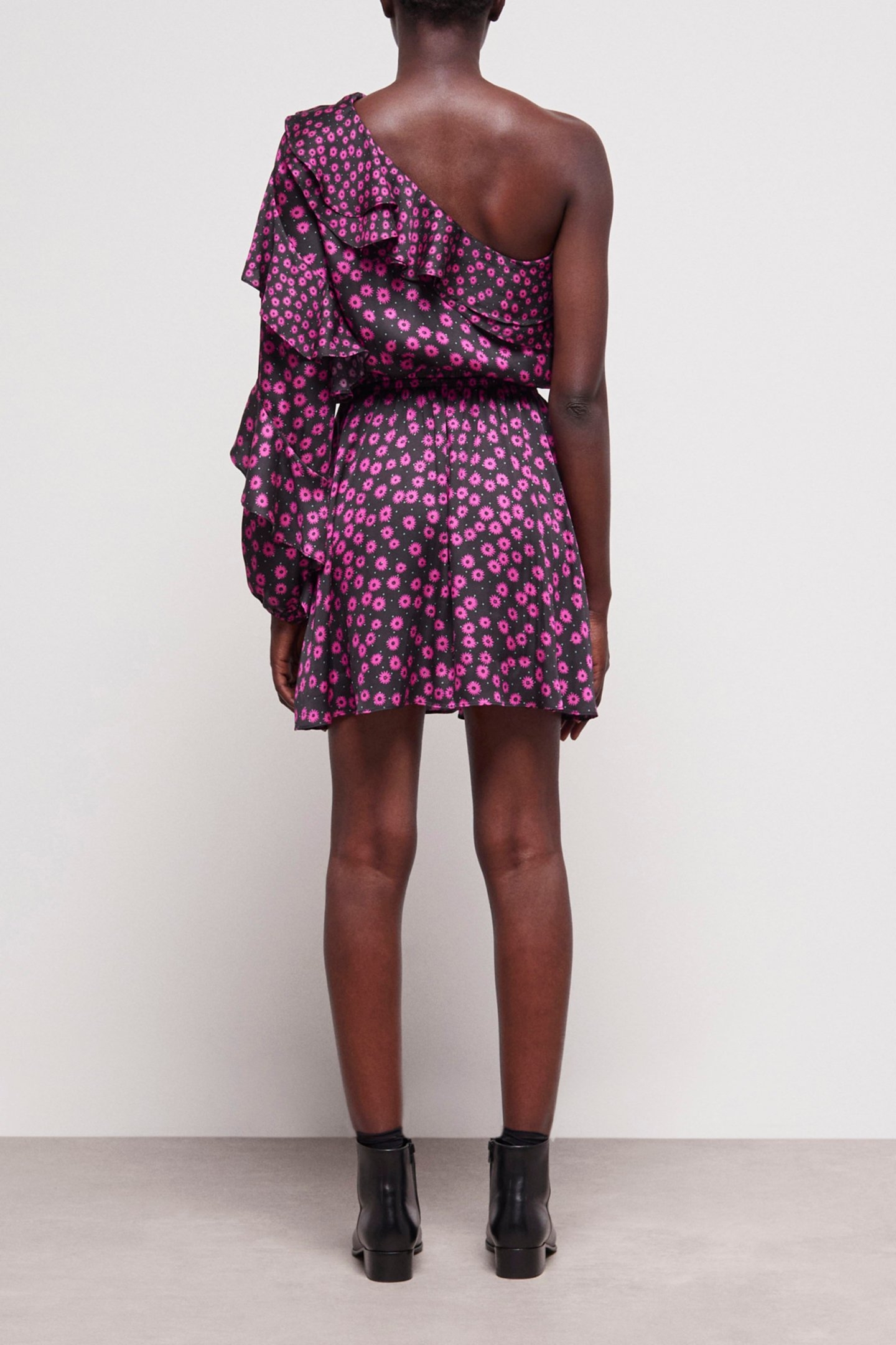 ONE SHOULDER SHORT DRESS PRINT DAISY DOTS PINK 2