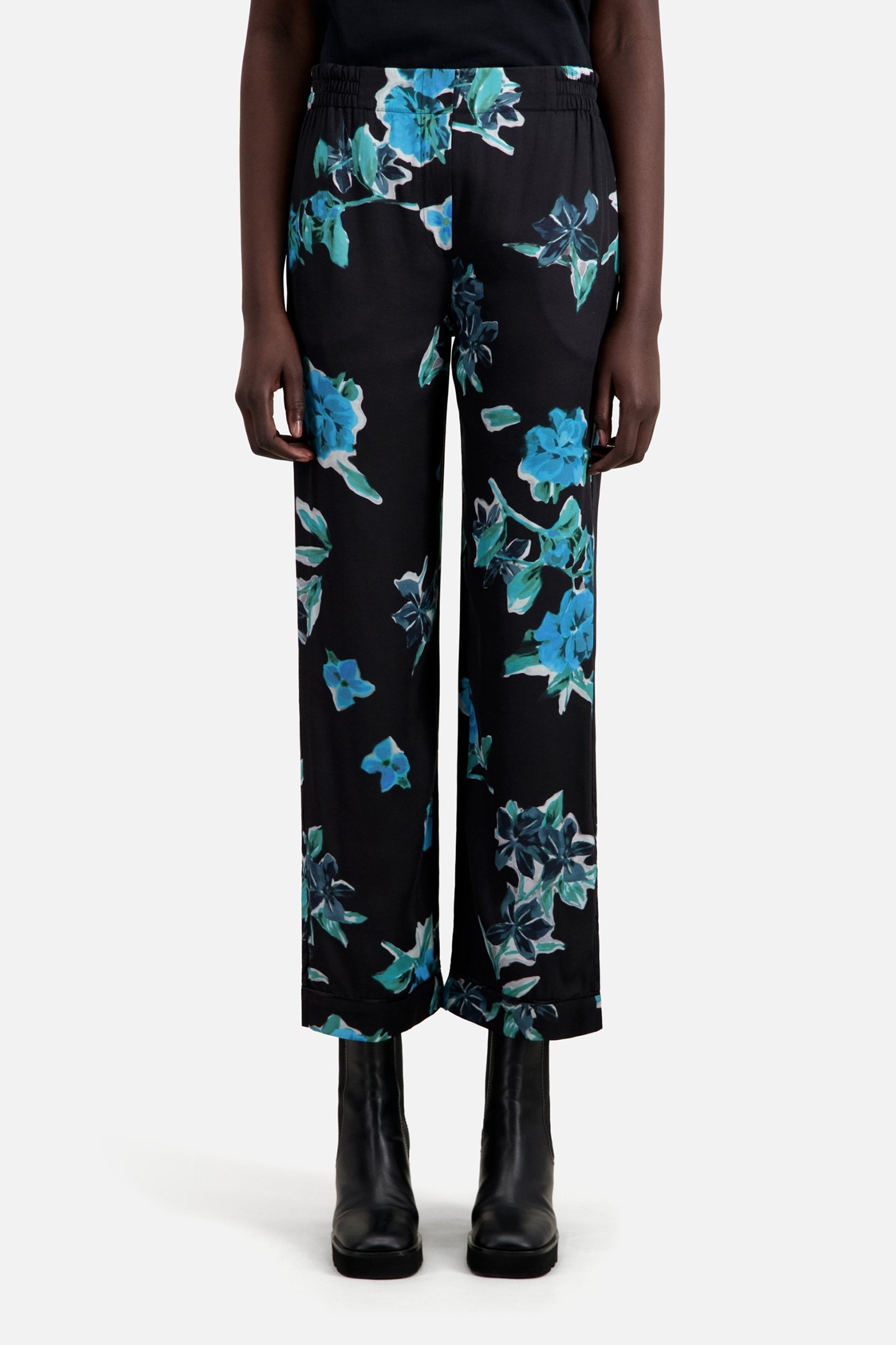 ELASTIC WAIST PAJAMA-STYLE PANTS BLACK BLUE 1
