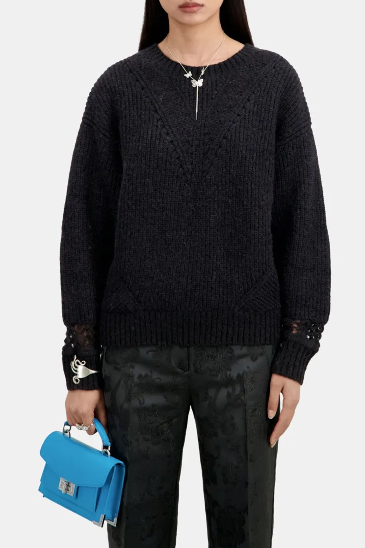 ROUND NECK SWEATER IN PEARL AND POINTELLE RIB BLACK 1