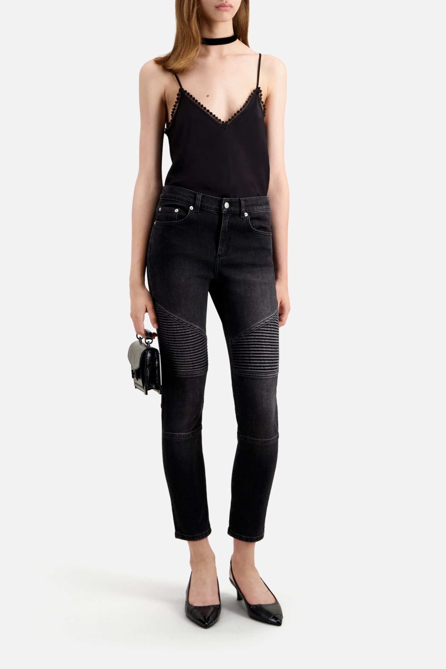 SLIM BLACK DENIM MOTORCYCLE JEANS 3