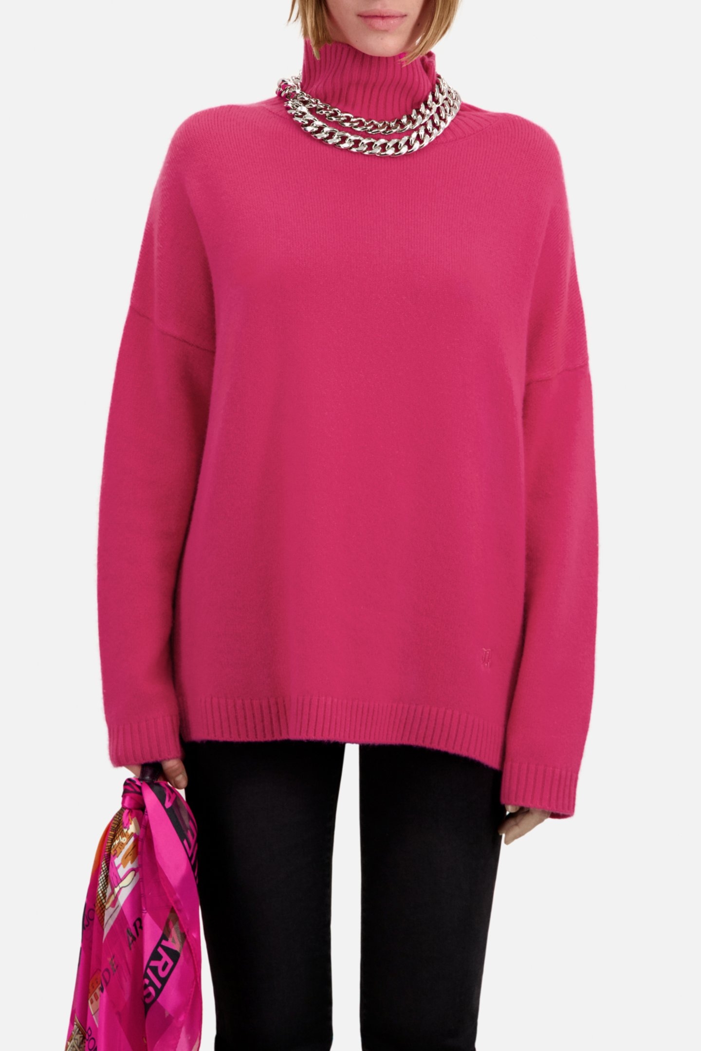 CASHMERE SWEATER WITH FUNNEL NECK AND EMBROIDERY FUSHIA 1