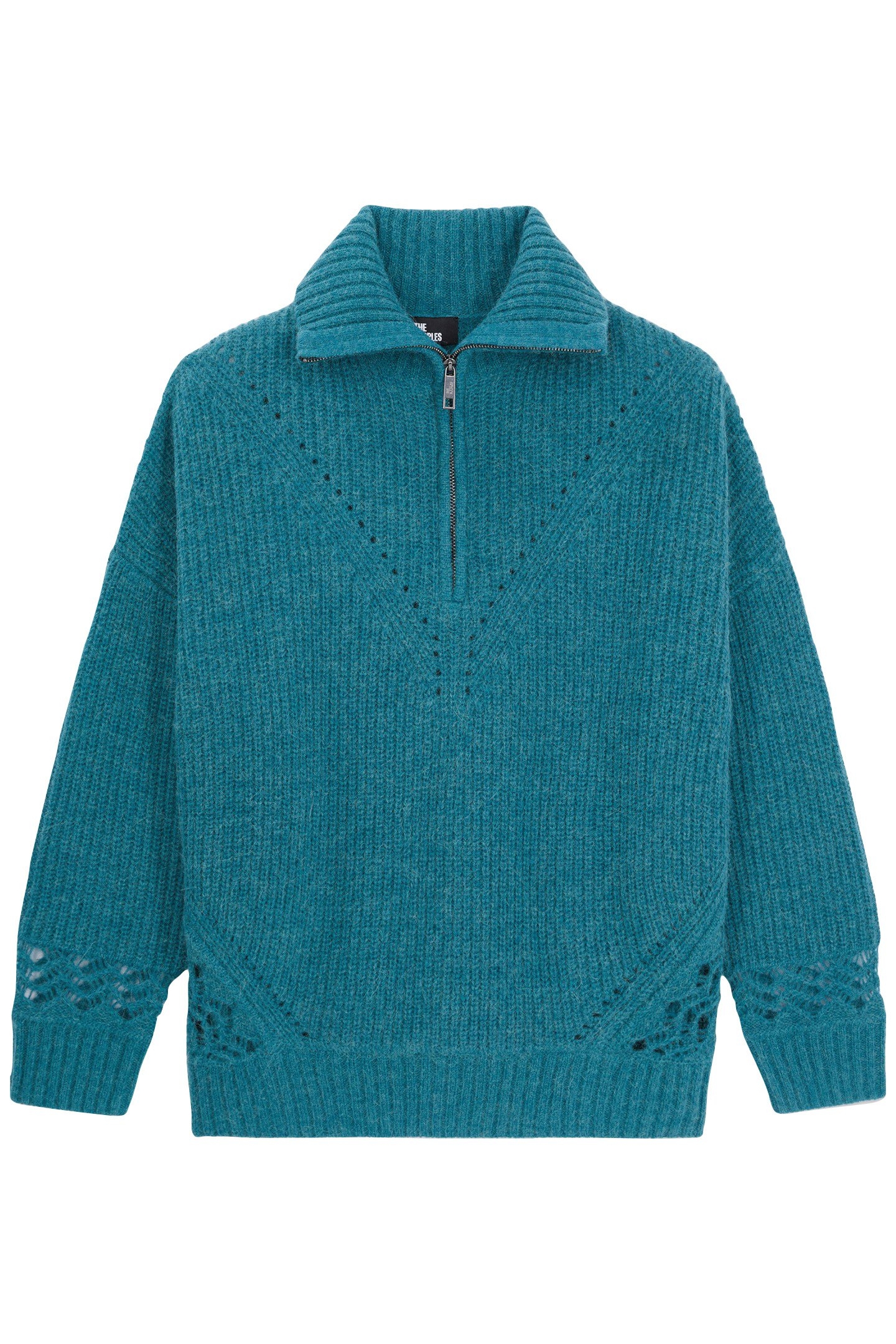 TURTLENECK SWEATER IN PEARL AND POINTELLE RIB BLUE PETROL 1
