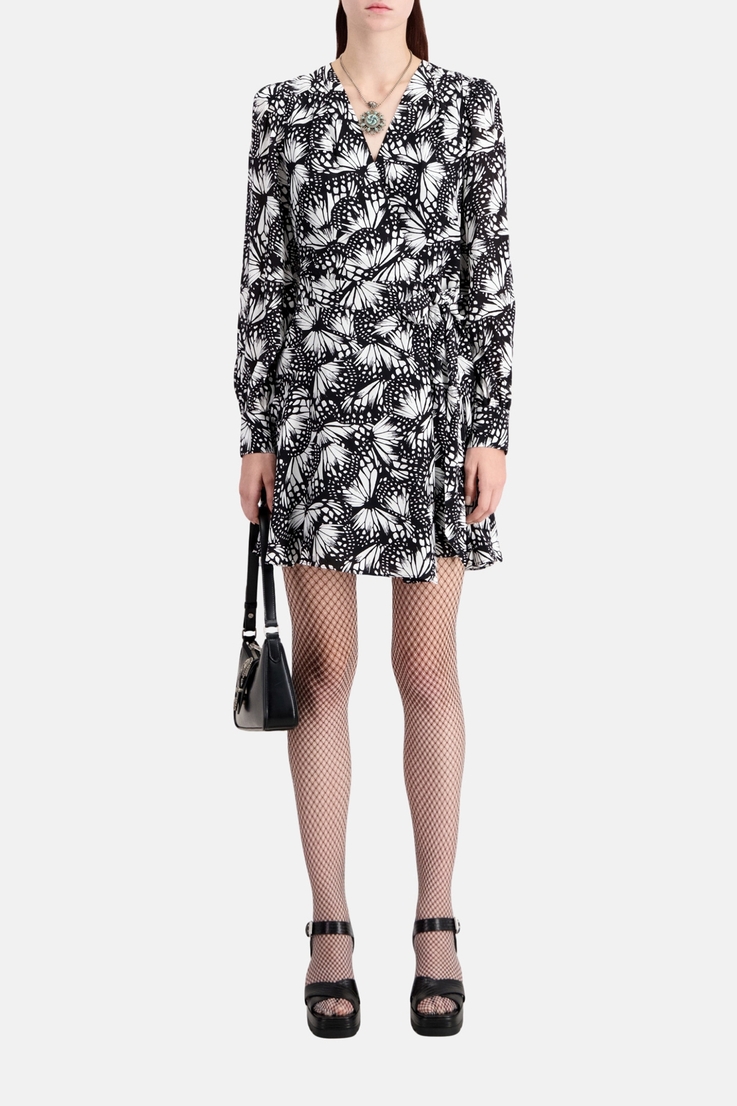 SHORT WRAP DRESS WITH LONG SLEEVES BLACK WHITE 2