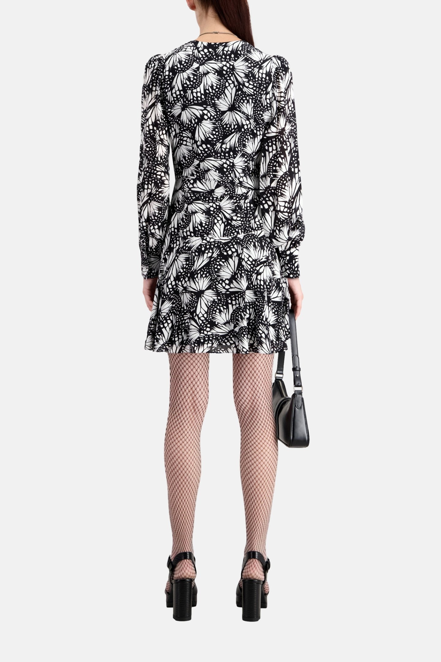 SHORT WRAP DRESS WITH LONG SLEEVES BLACK WHITE 3