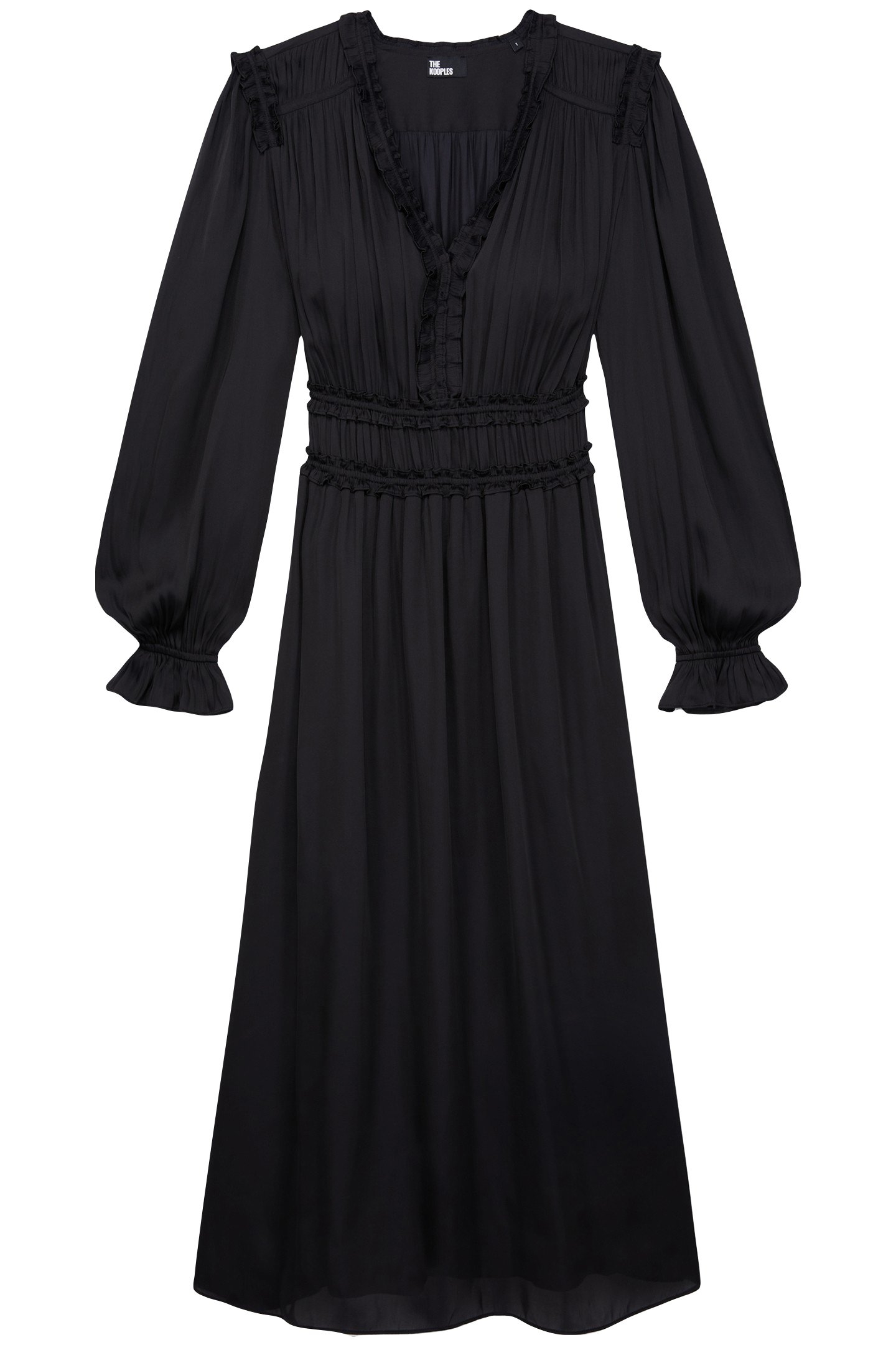 LONG V-NECK DRESS WITH FRILLS BLACK 3