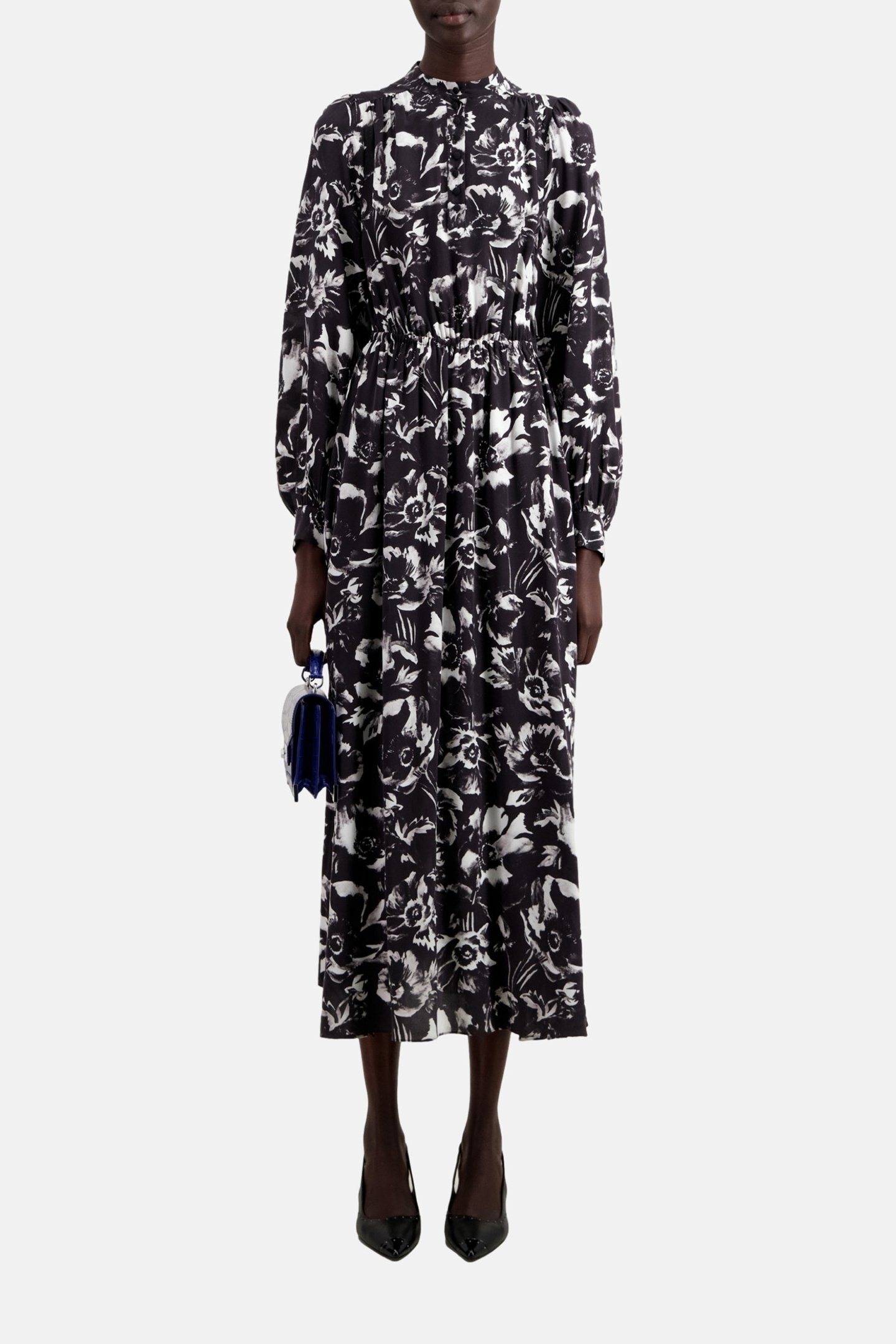 LONG DRESS ML ELASTICATED WAIST V-NECK BLACK WHITE 1