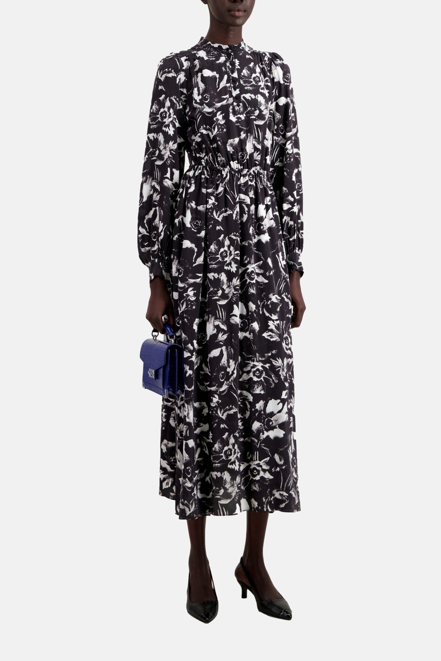 LONG DRESS ML ELASTICATED WAIST V-NECK BLACK WHITE 4