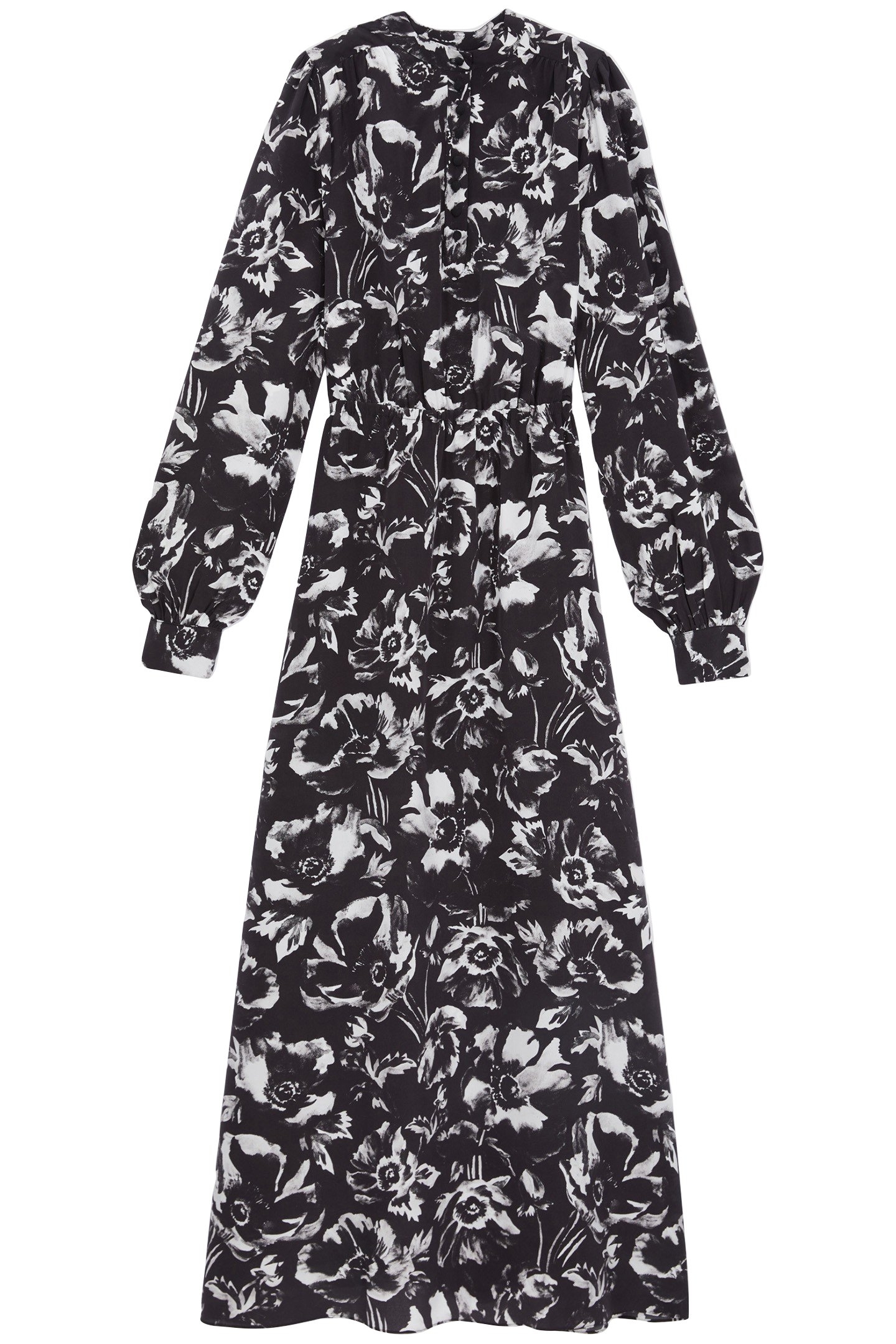 LONG DRESS ML ELASTICATED WAIST V-NECK BLACK WHITE 3