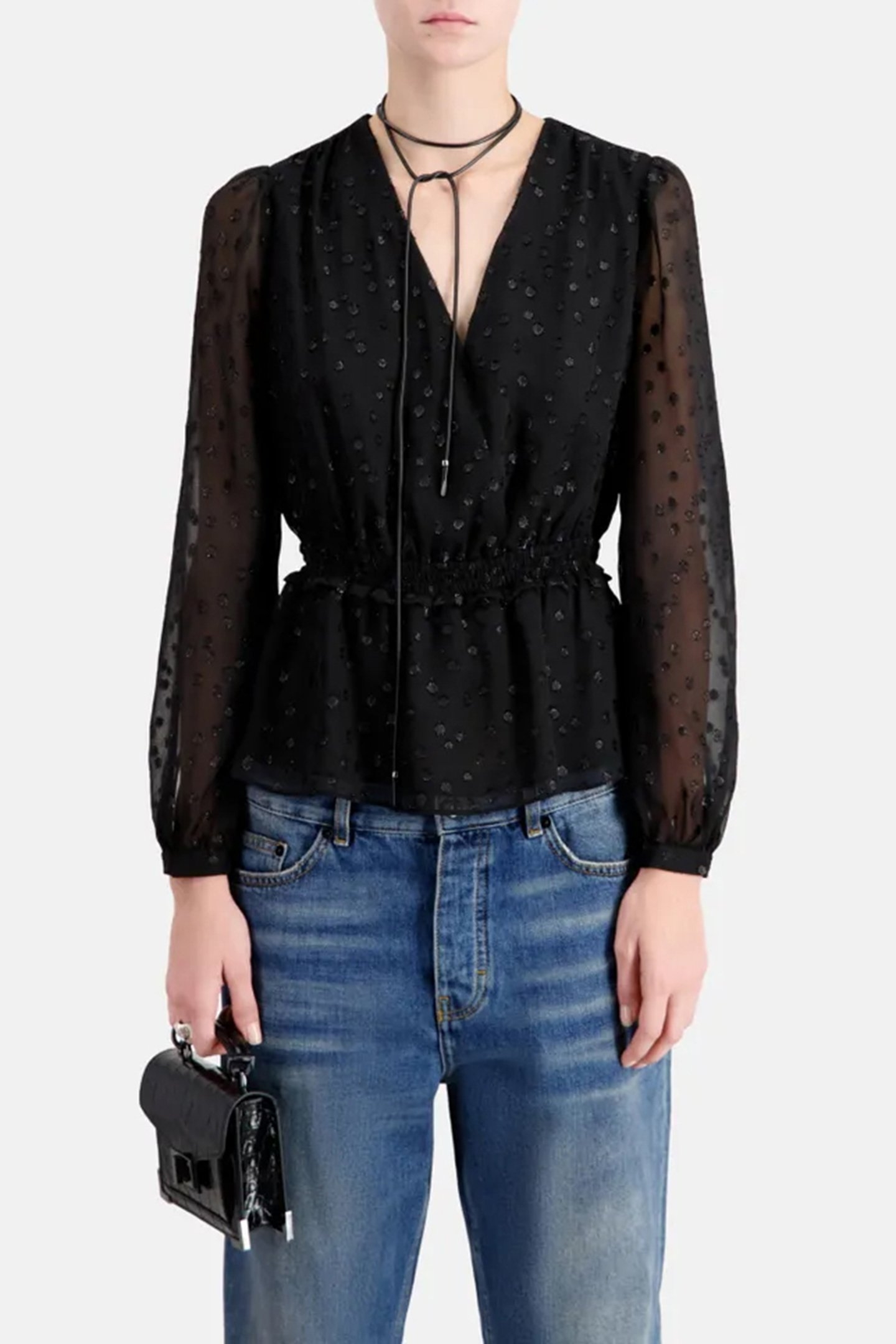 WRAP TOP WITH 3/4 SLEEVES AND ELASTICATED BOTTOM BLACK 1