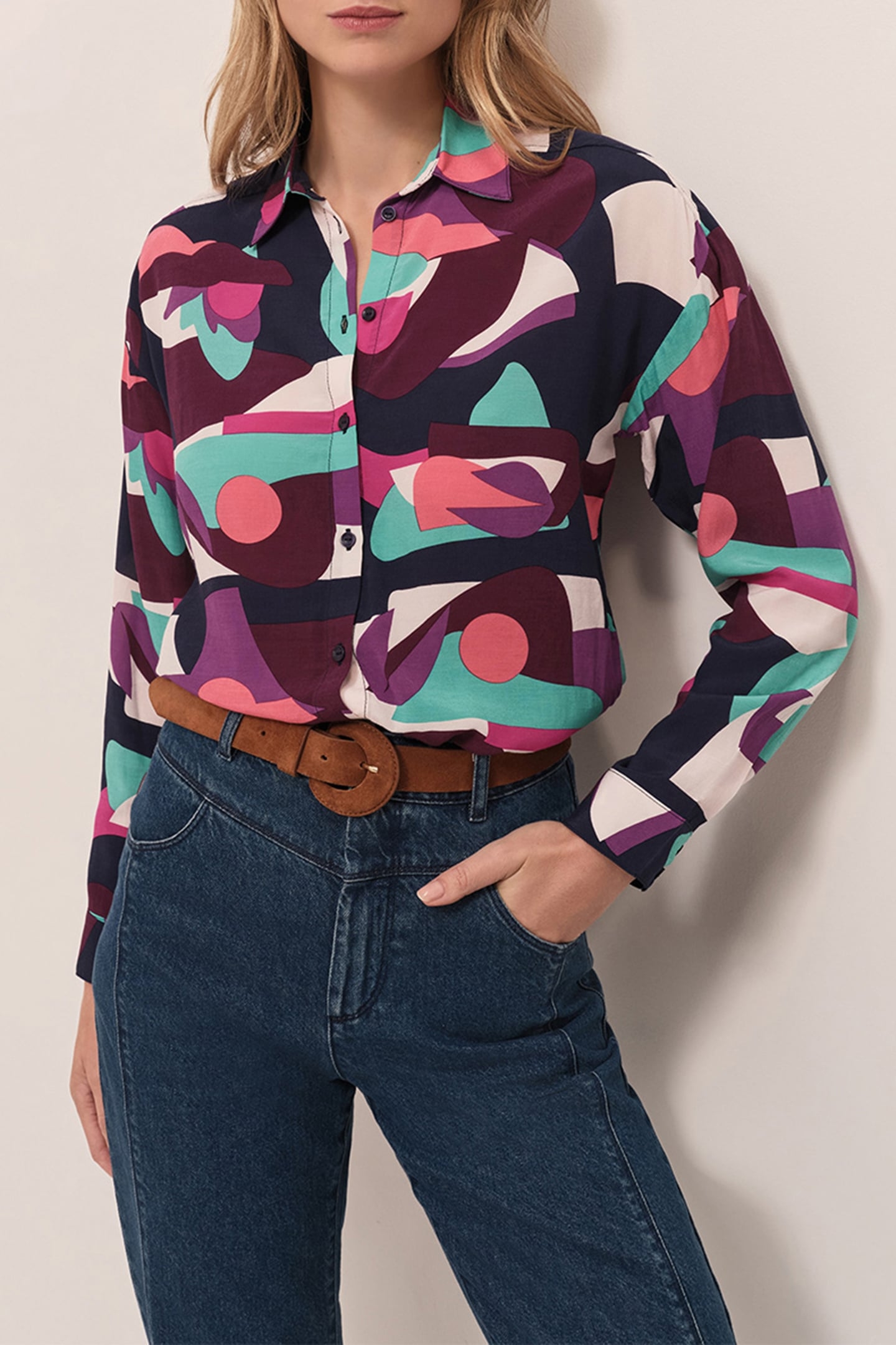 CYLIA - NAVY BLUE SHIRT WITH ABSTRACT PRINT 1