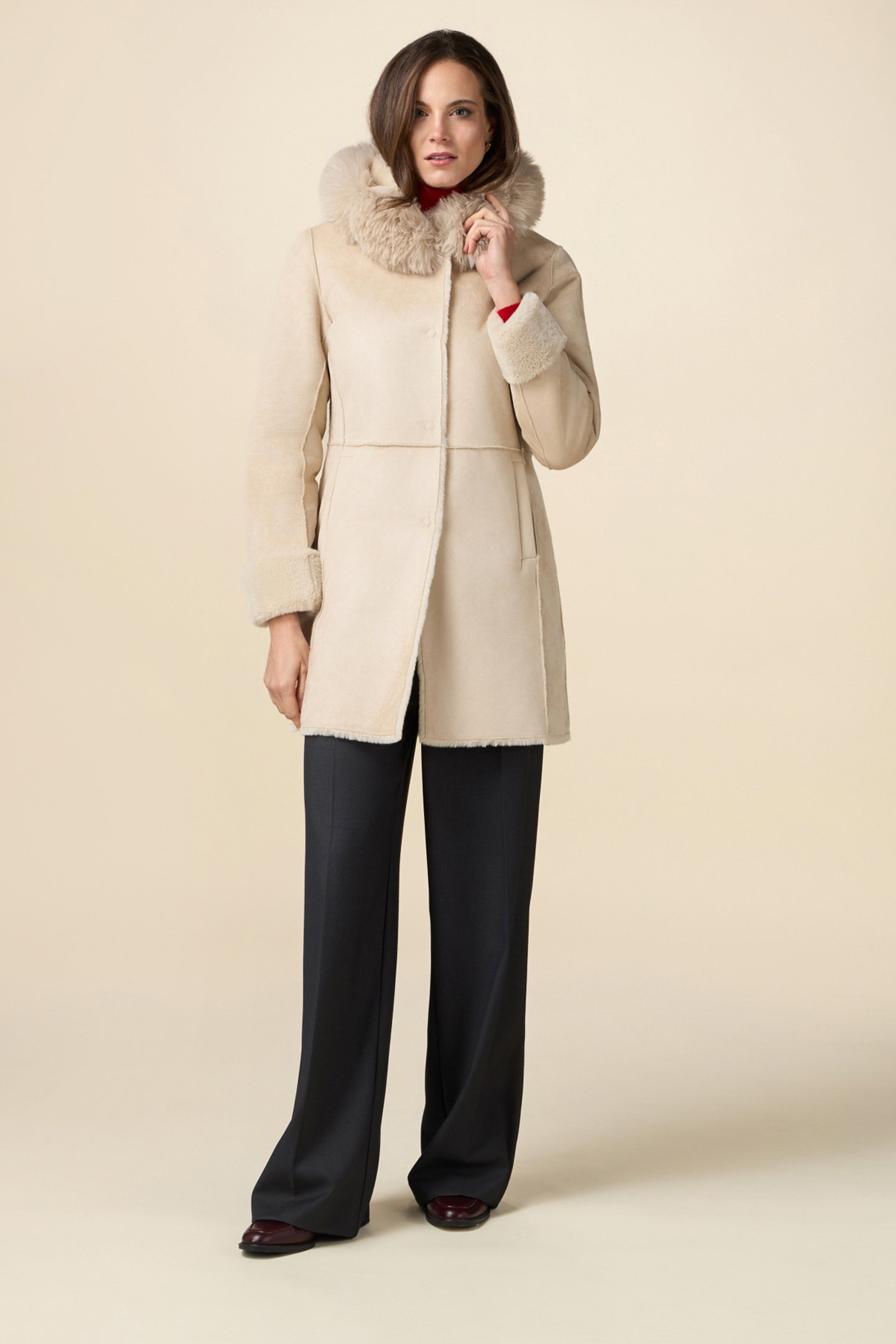 MIDI LENGTH FAUX SHEEPSKIN JACKET BEIGE 1