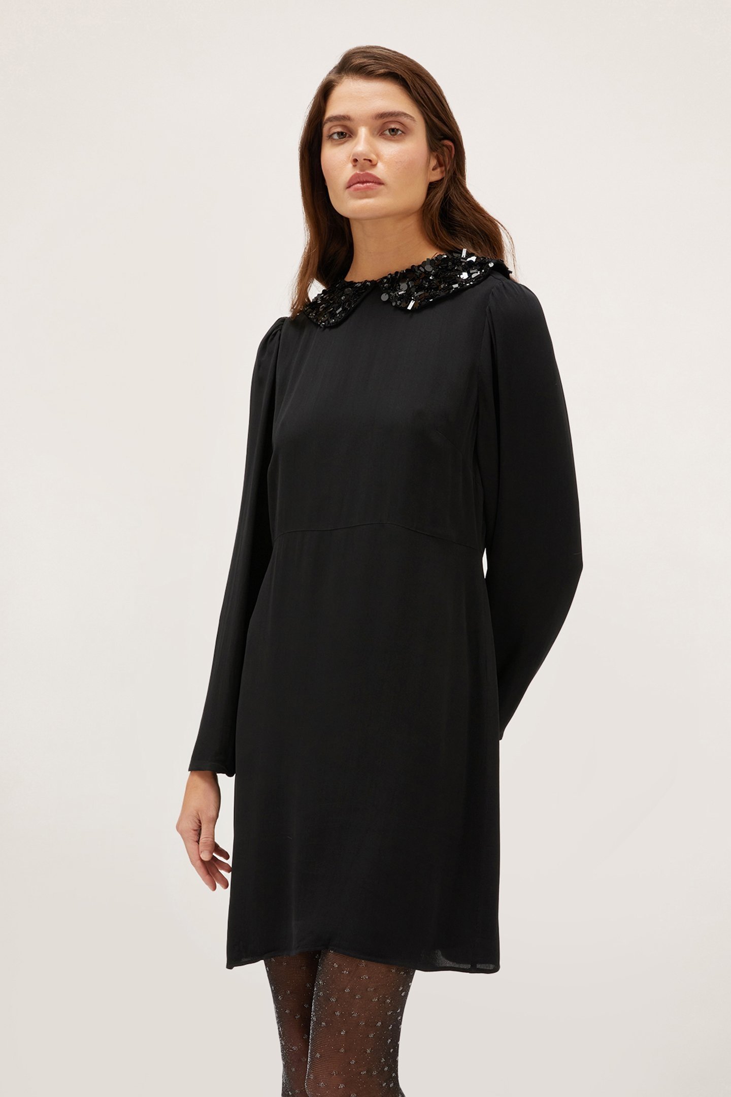 SHORT DRESS WITH EMBROIDERED COLLAR BLACK 1