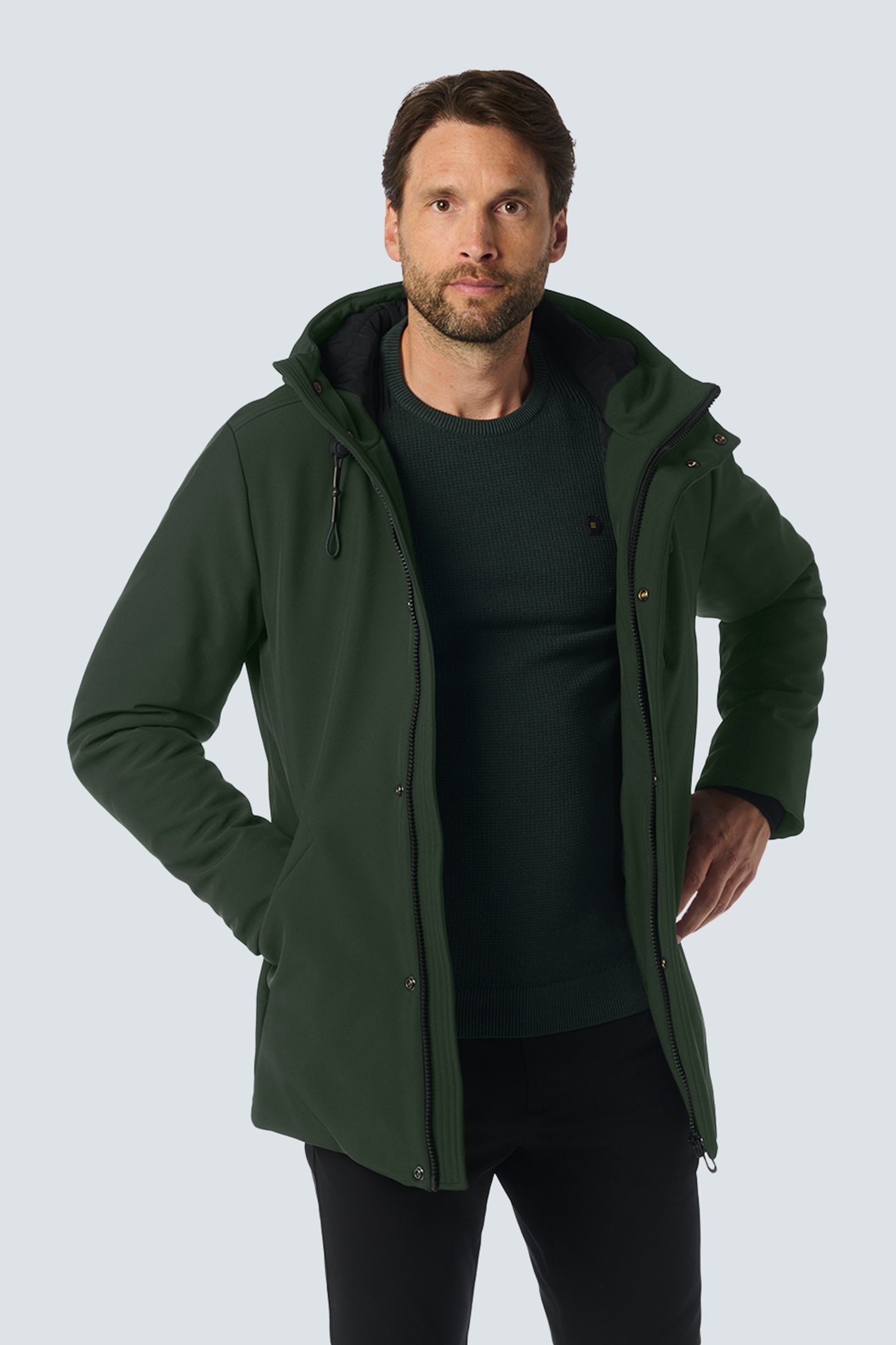 JACKET MEDIUM LONG FIT HOODED SOFTSHELL STRETCH DARK MOSS 1
