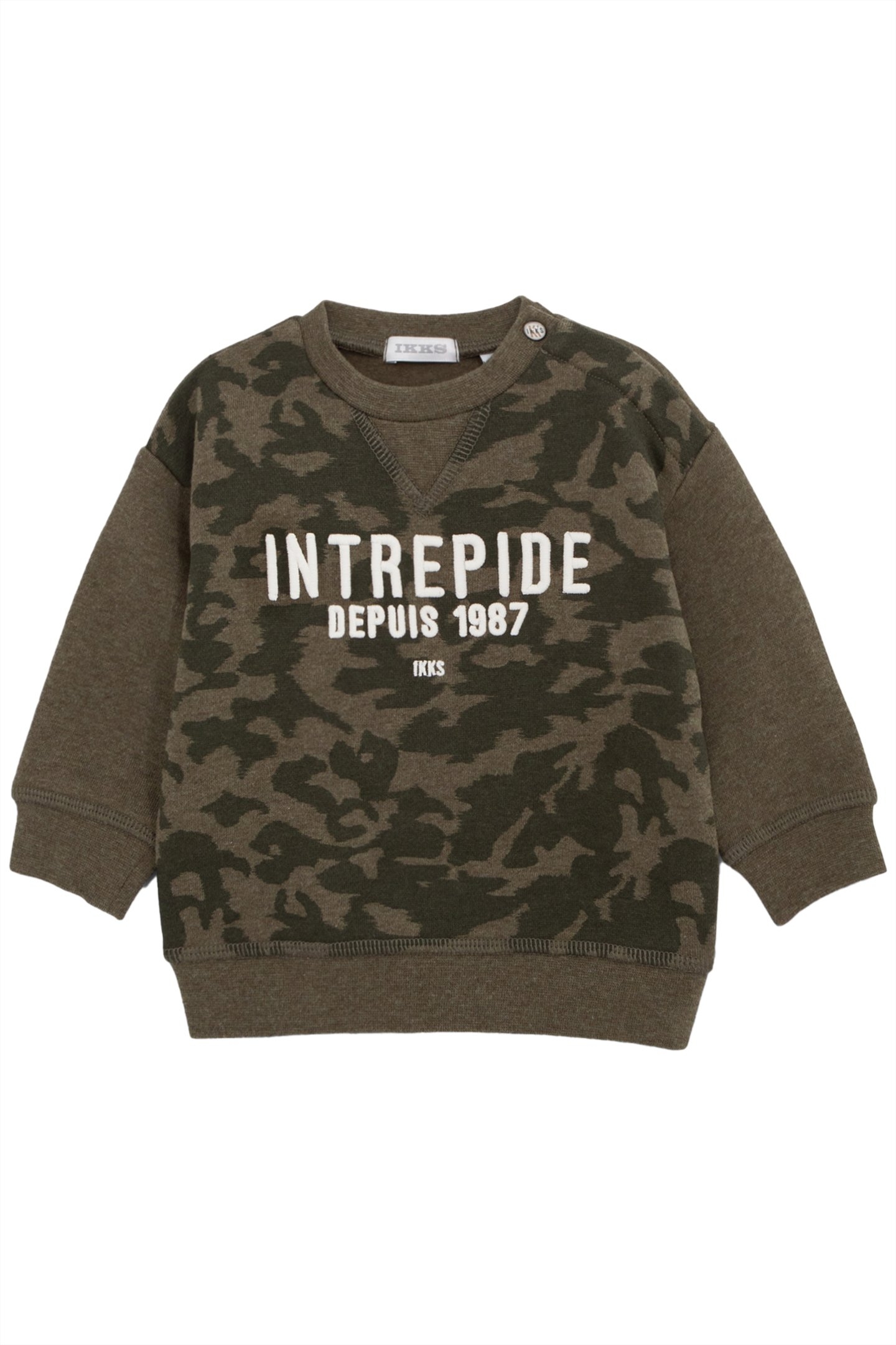 BABY BOY'S KHAKI CAMOUFLAGE SWEATSHIRT, EMBROIDERED SLOGAN 1
