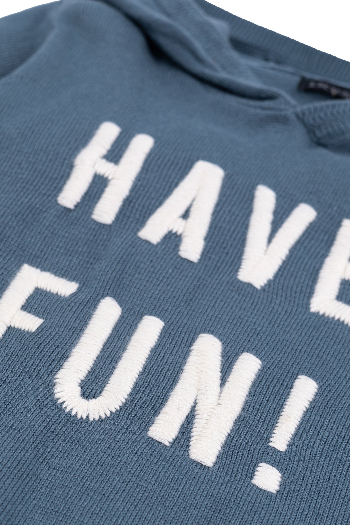 BOY'S BLUE KNITTED HOODIE WITH EMBROIDERED MESSAGE 4