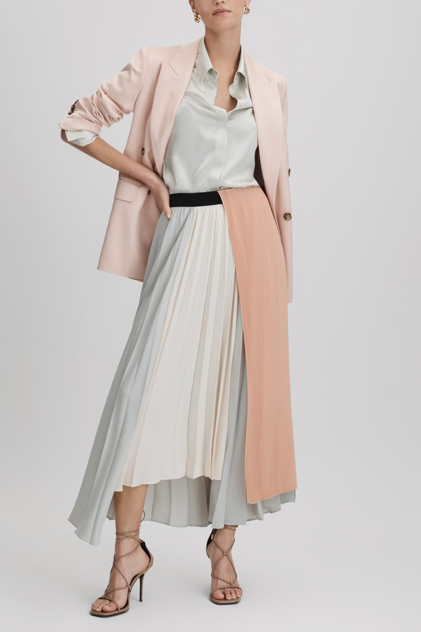 MULTI COLOR BLOCK PLEAT SKIRT PINK/CREAM 2