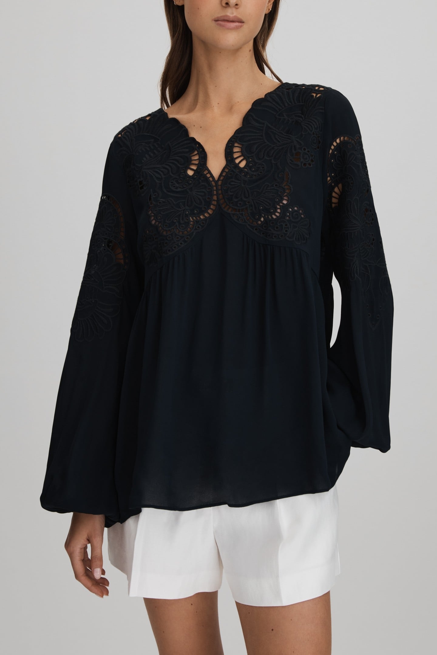 LACE INSERT BLOUSE NAVY 1