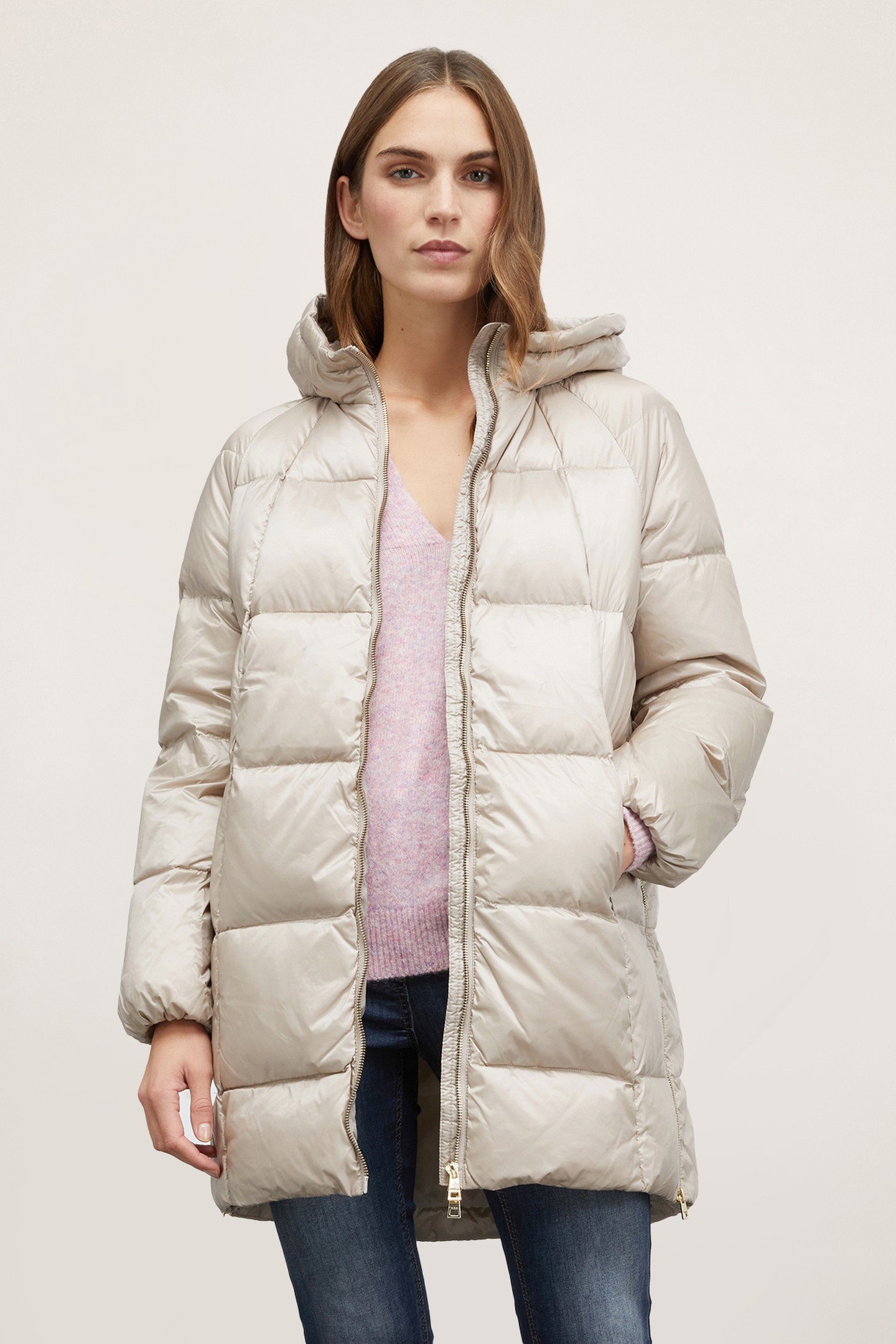 HOODED GENUINE DOWN JACKET WITH COCOON CUT WHITE 1