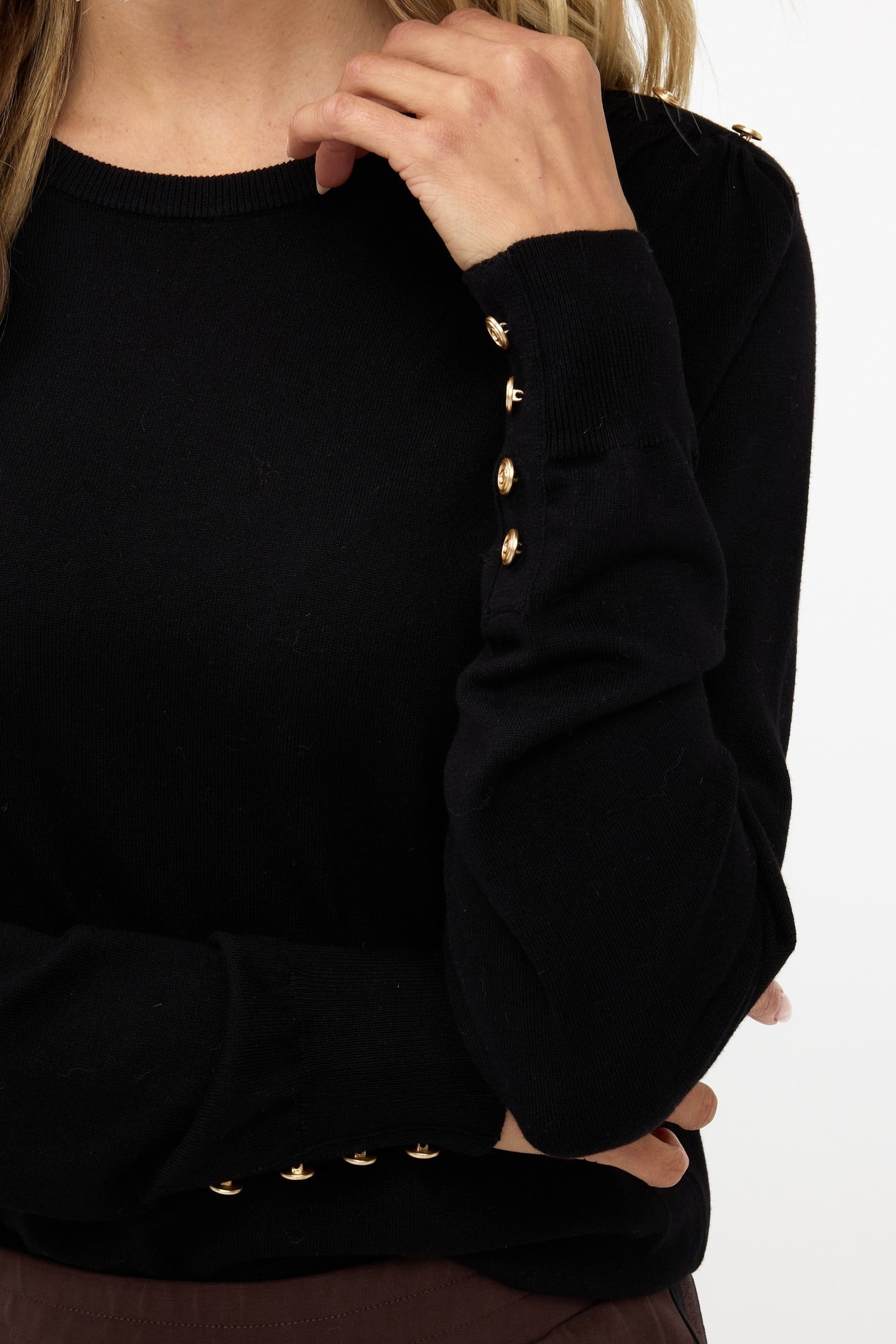 SWEATER GATHERING BUTTON DETAILS BASIC KNIT BLACK 7