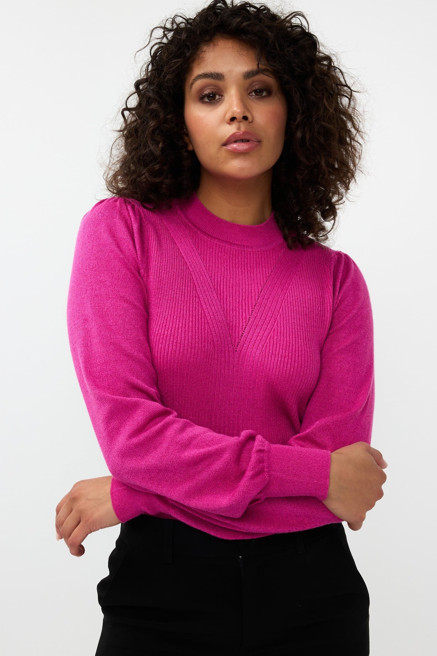 SWEATER MIX RIB V-DETAIL LUREX NEON CERISE 2