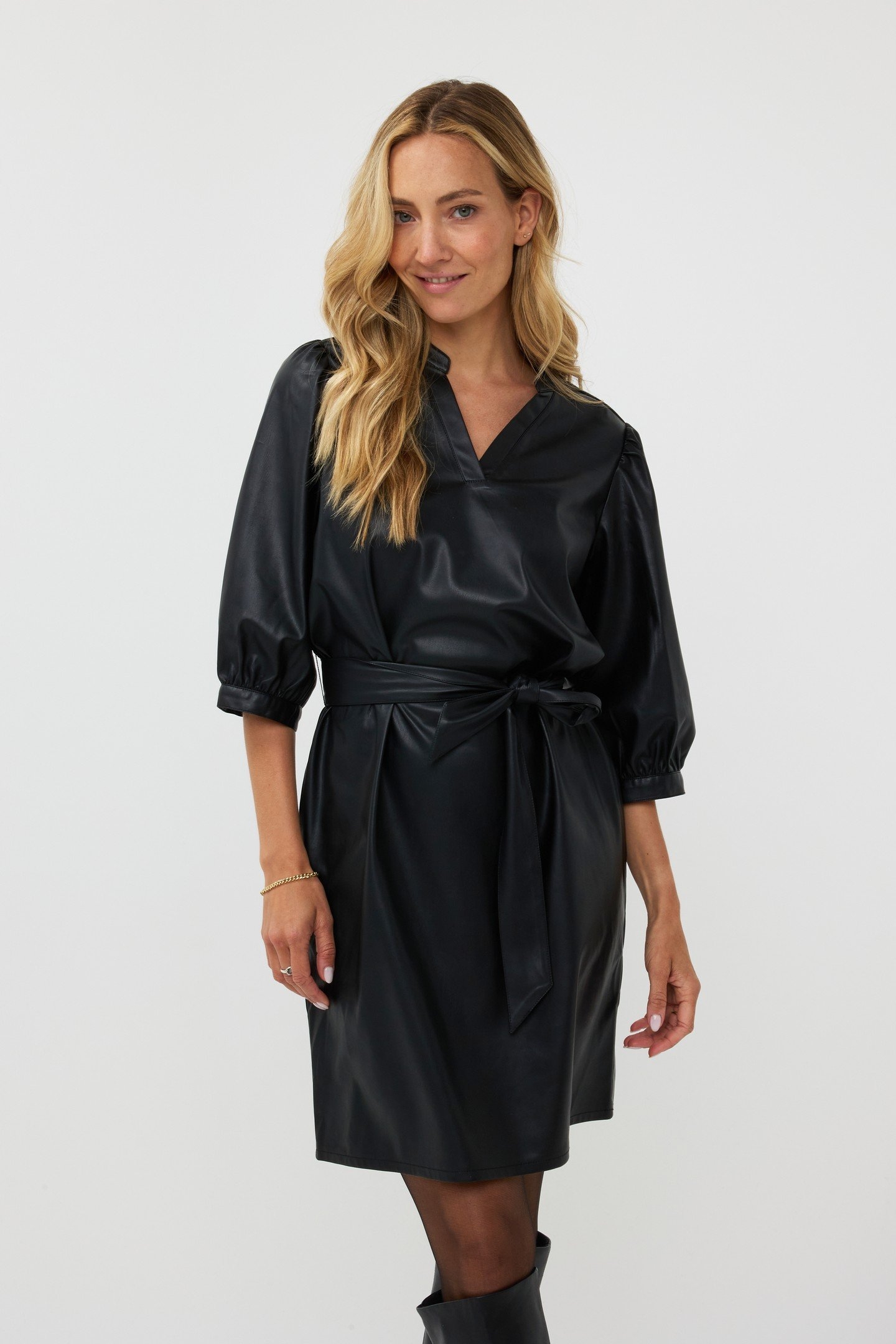 DRESS V/NECK VEGAN LEATHER BLACK 2
